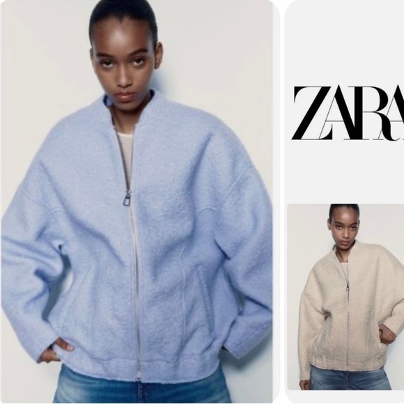 Zara Women’s Oversized Boucle Bomber Fleece Sky Blue Jacket. Full Zip. Size M-L - Picture 2 of 9